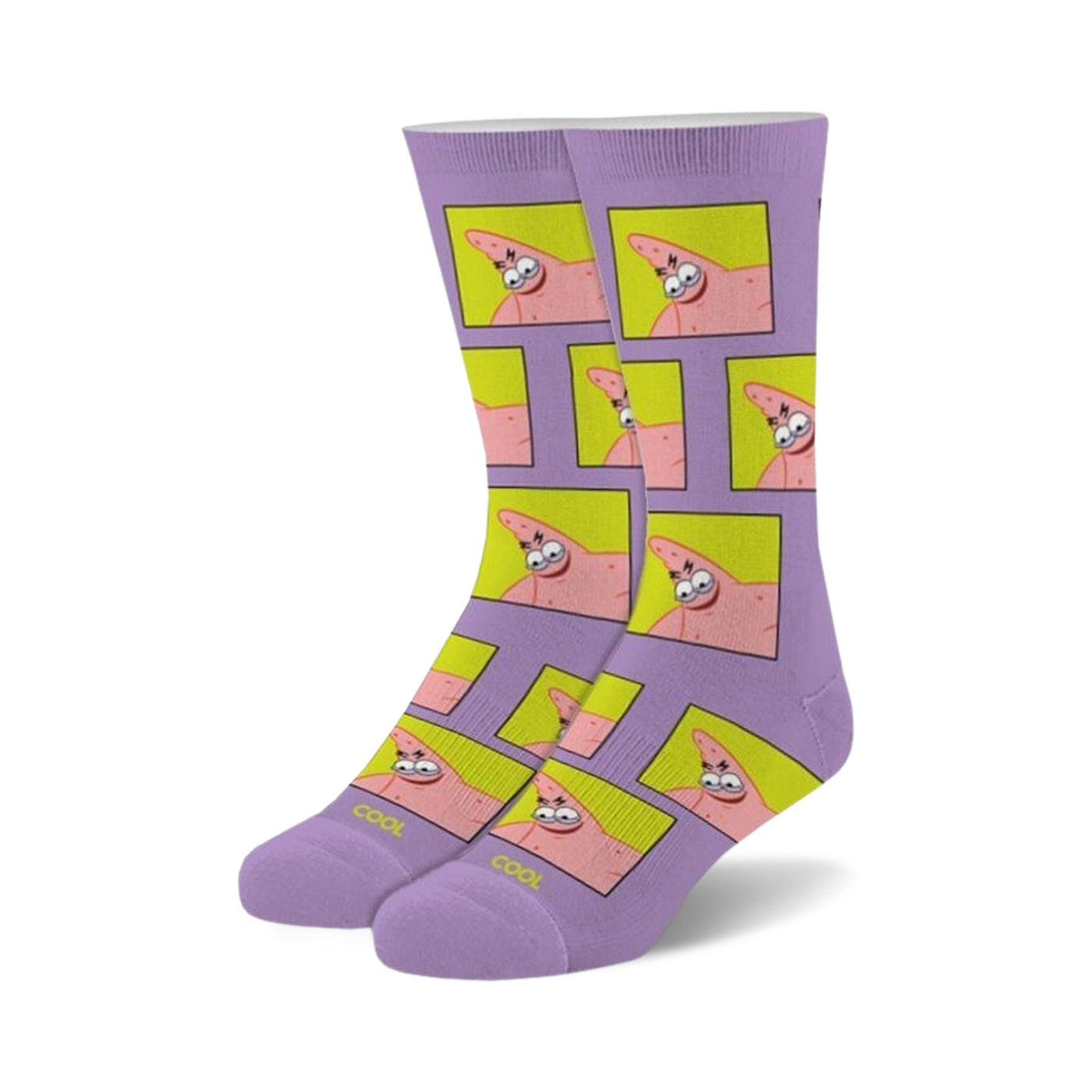 Pair of crew socks featuring a repeating pattern of Patrick Star's meme-worthy face on a lavender background with yellow squares. 