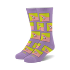 Pair of crew socks featuring a repeating pattern of Patrick Star's meme-worthy face on a lavender background with yellow squares. 
