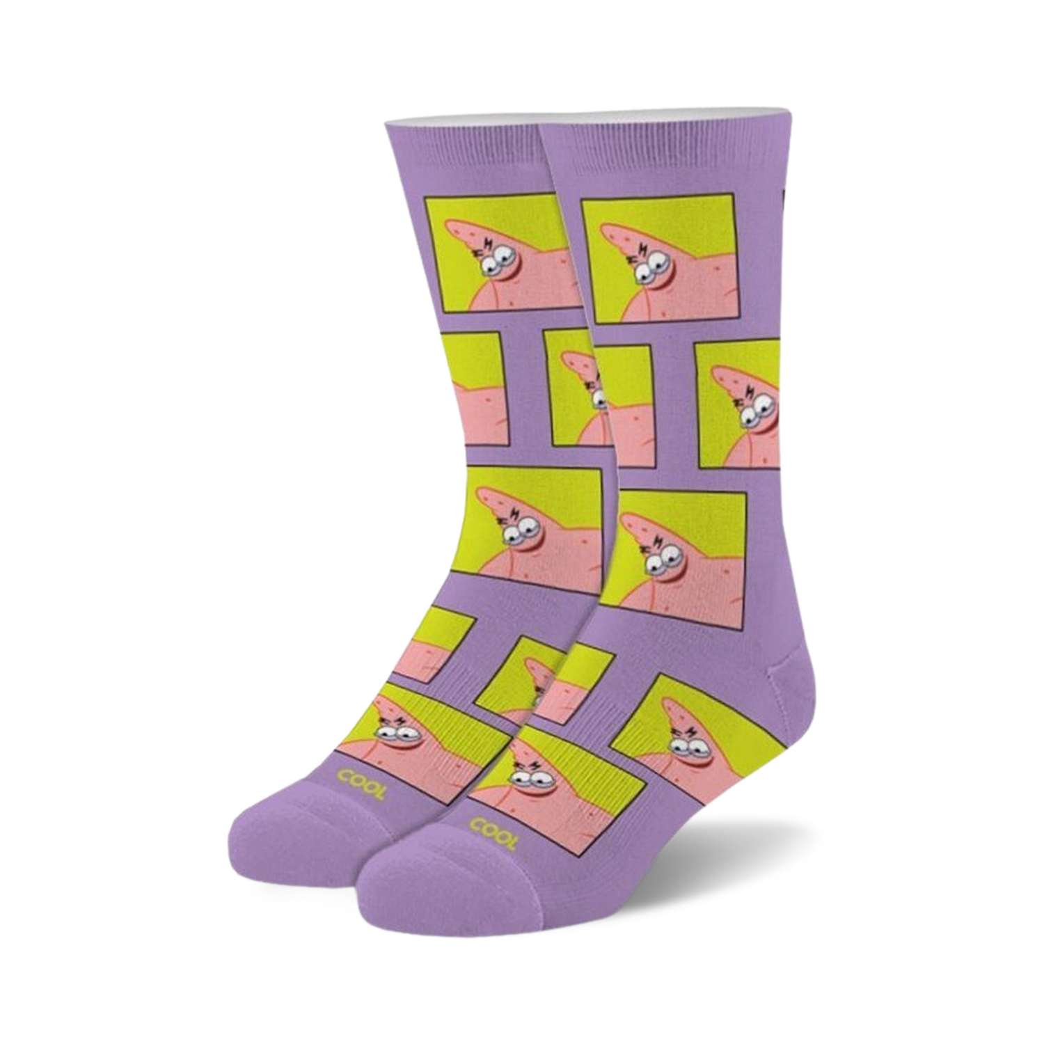 Pair of crew socks featuring a repeating pattern of Patrick Star's meme-worthy face on a lavender background with yellow squares. 