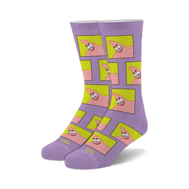 purple crew socks feature a comical patrick star from spongebob squarepants wearing a yellow shirt with bulging eyes and open mouth.   