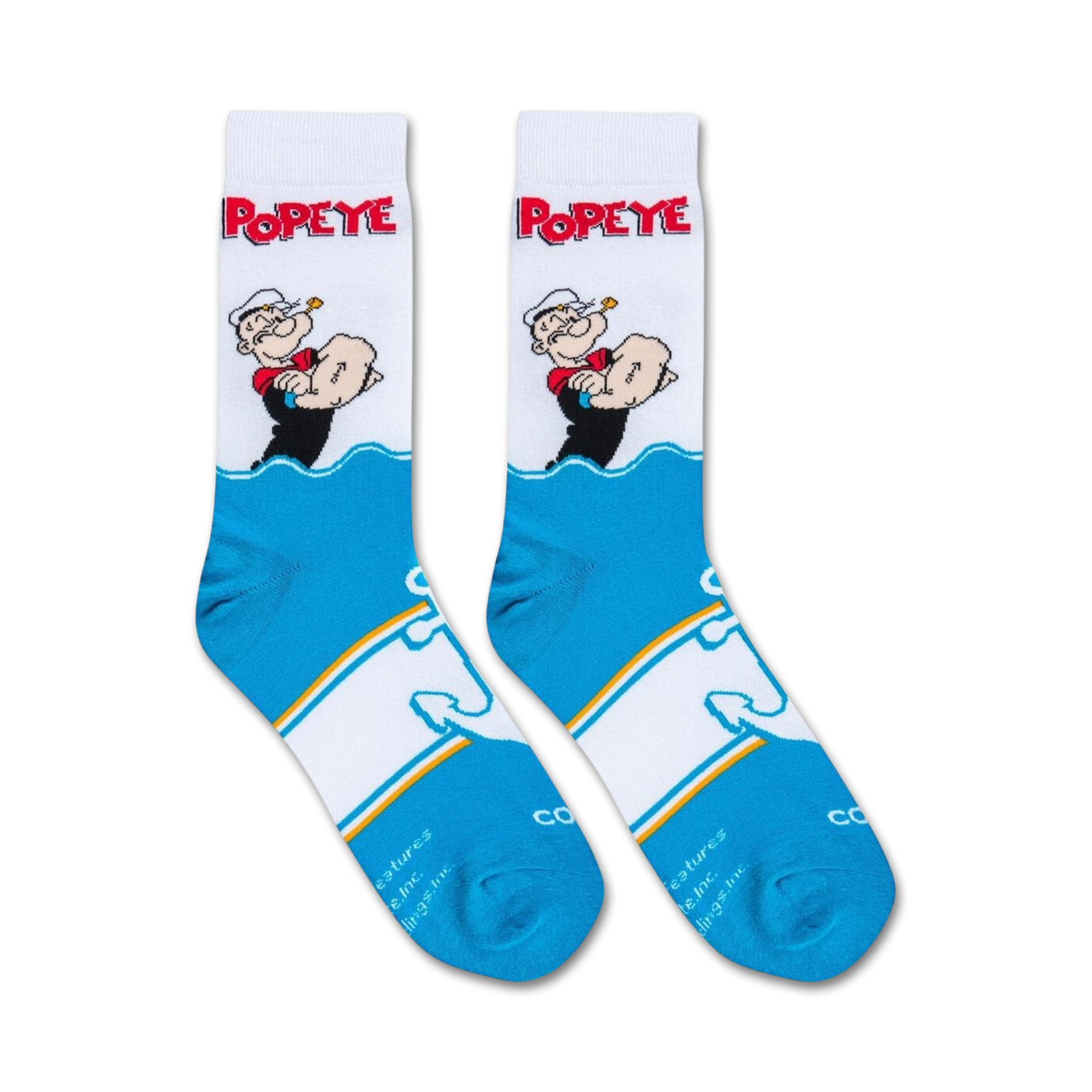 Product shot of a pair of Popeye socks, showing the full design from the front.
