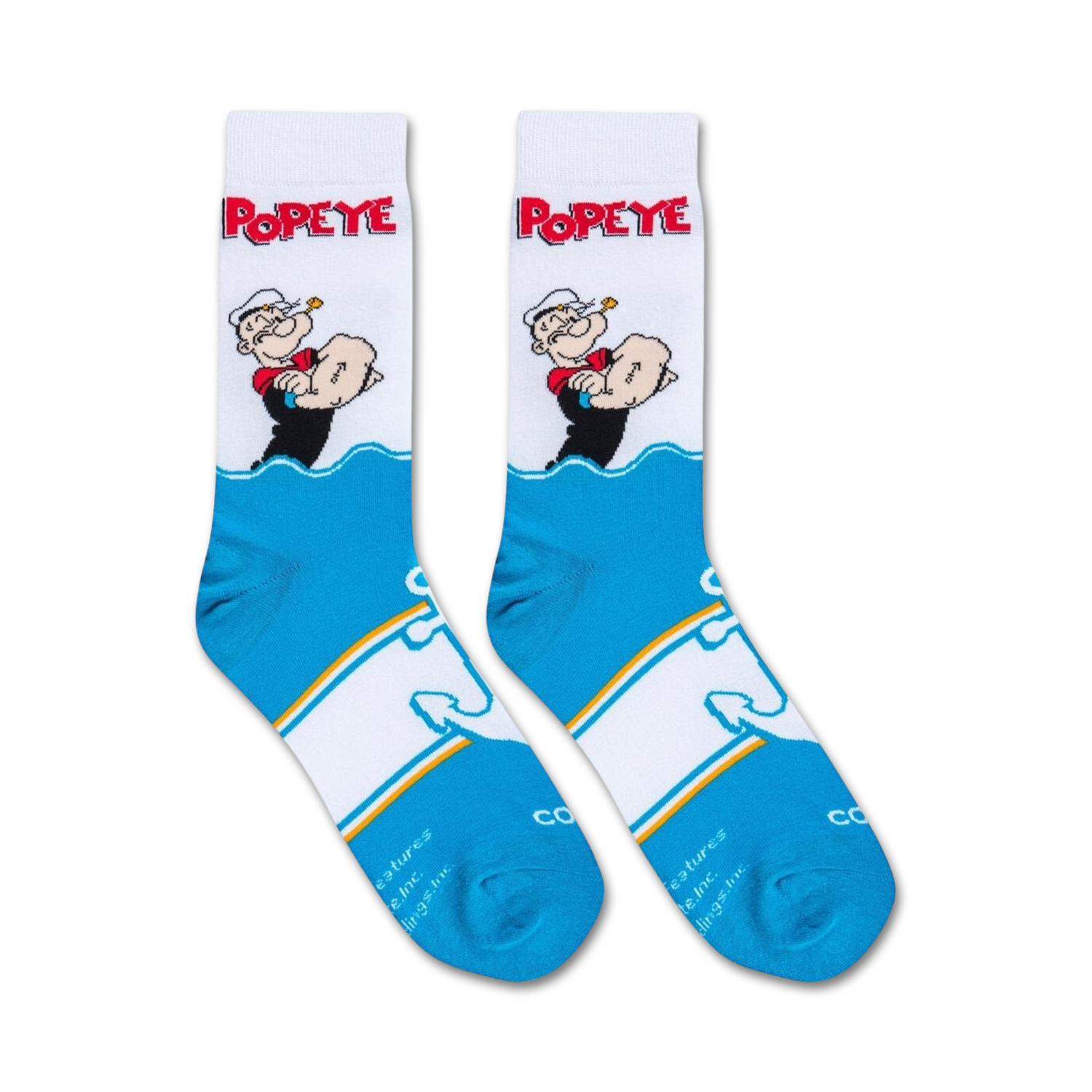 Product shot of a pair of Popeye socks, showing the full design from the front.