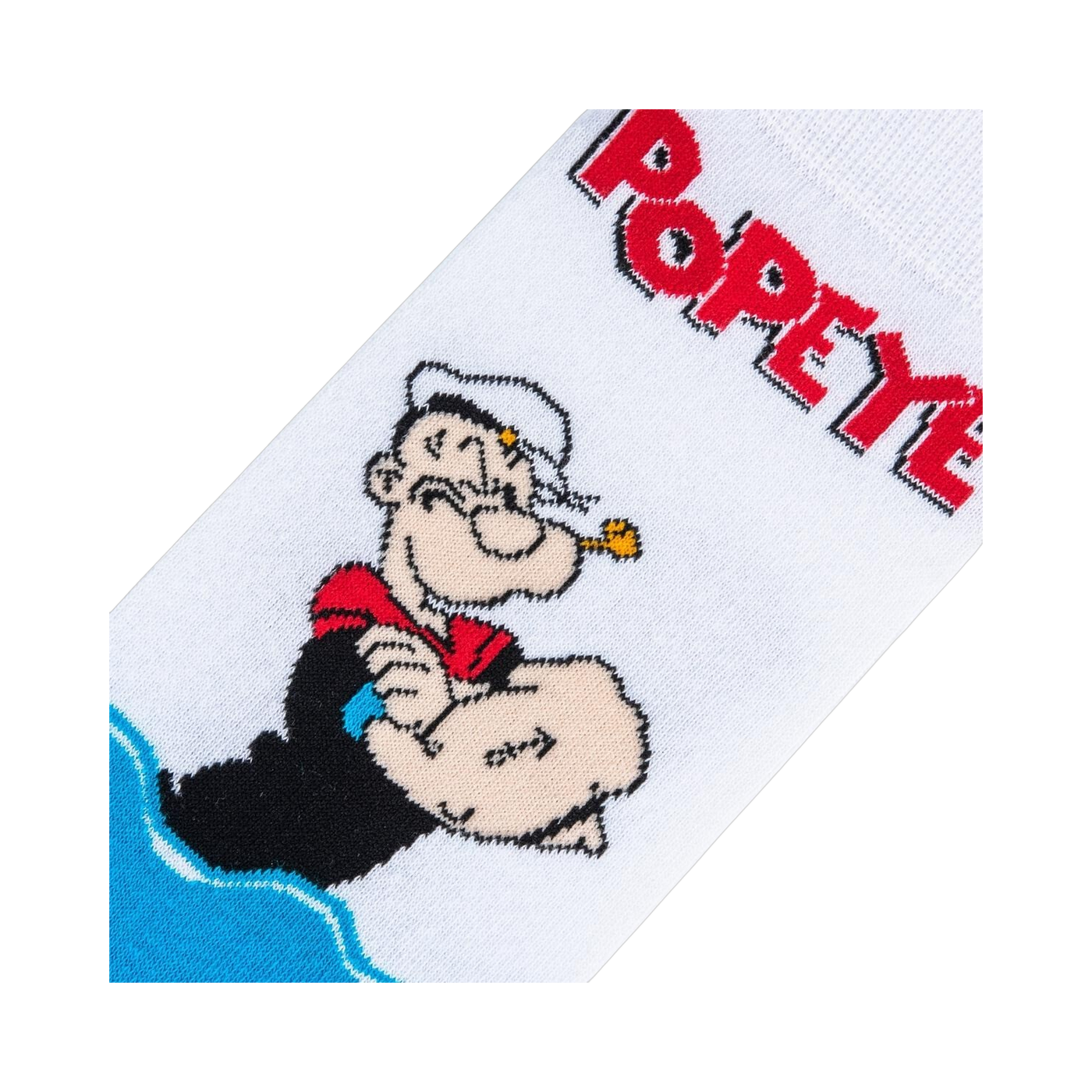 Close-up detail shot of the Popeye illustration on the sock's upper portion