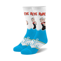 Pair of crew socks in white and blue, featuring Popeye the Sailor Man graphics, anchors, and wave designs.
