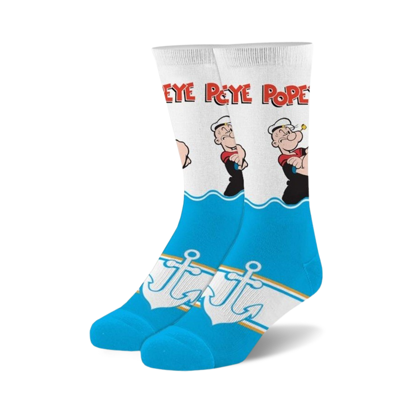 Pair of crew socks in white and blue, featuring Popeye the Sailor Man graphics, anchors, and wave designs.