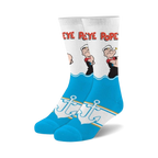 Pair of crew socks in white and blue, featuring Popeye the Sailor Man graphics, anchors, and wave designs.