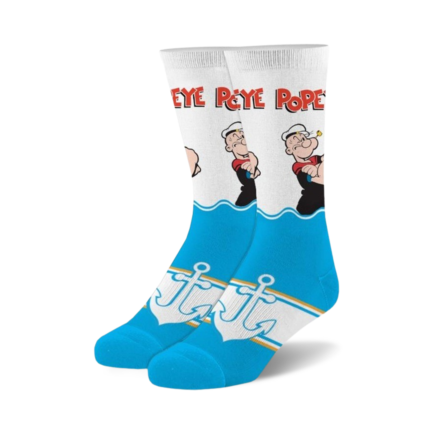 Pair of crew socks in white and blue, featuring Popeye the Sailor Man graphics, anchors, and wave designs.