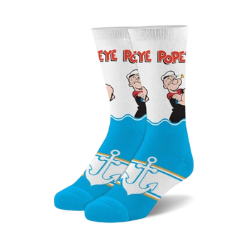 white crew socks with popeye the sailor man pattern in blue and red. anchor design. for men and women.  
