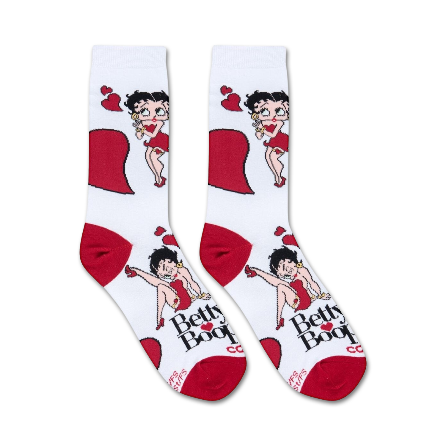 Close-up view of Betty Boop socks showcasing the design details, including Betty Boop in various poses and red hearts.