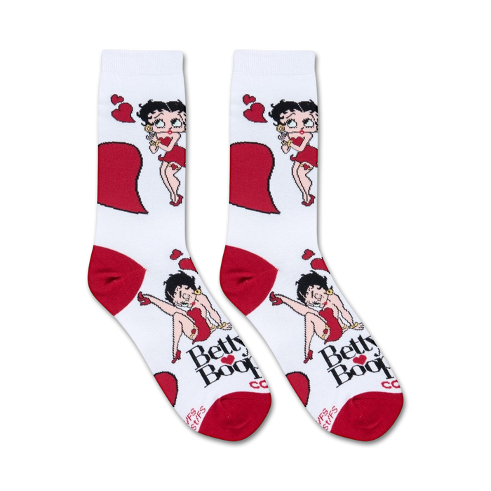 A white sock with a red and black image of Betty Boop, a cartoon character, on the front. The sock has a black background.