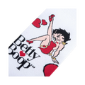 Lifestyle shot showing the socks on a person's feet. They're white with a Betty Boop design, highlighting how they look when worn.