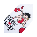 Lifestyle shot showing the socks on a person's feet. They're white with a Betty Boop design, highlighting how they look when worn.