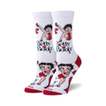 Pair of women's crew socks. White background with red accents. Betty Boop images and 'Betty Boop' text are featured.