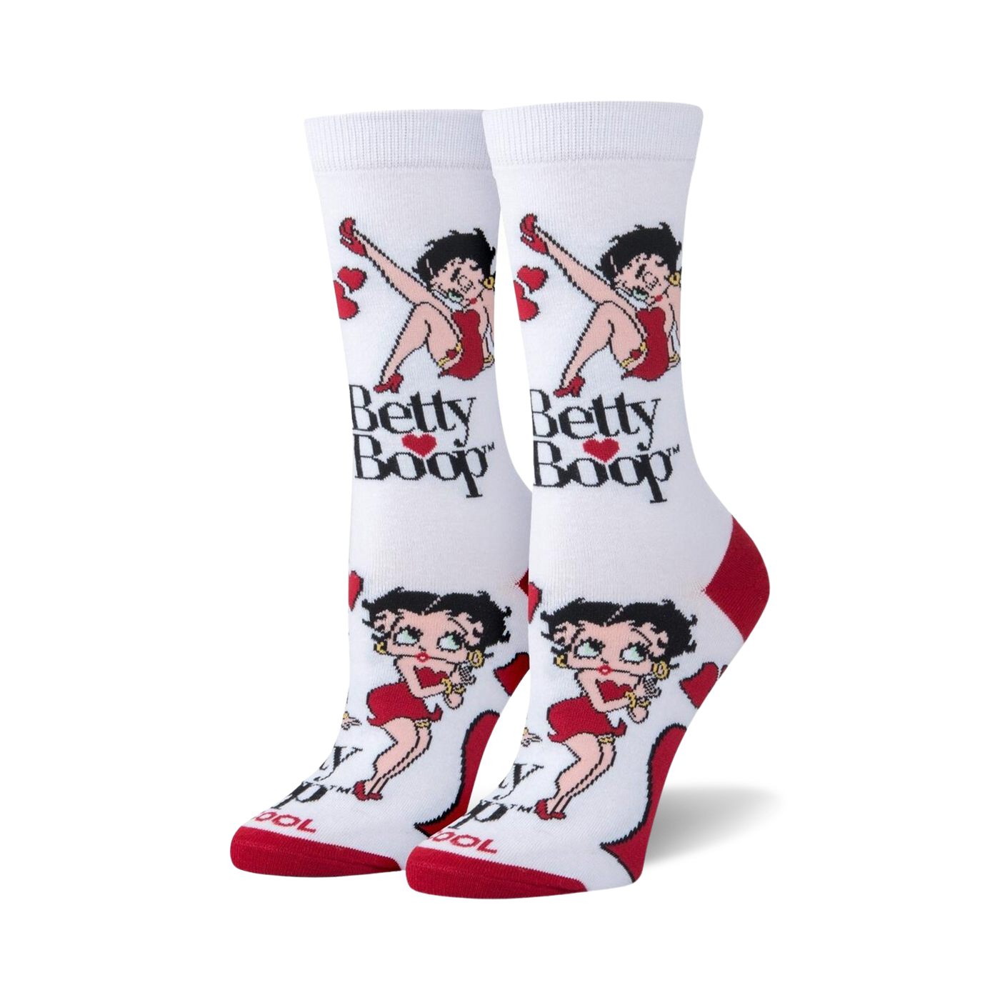 Pair of women's crew socks. White background with red accents. Betty Boop images and 'Betty Boop' text are featured.