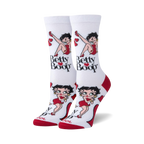 Pair of women's crew socks. White background with red accents. Betty Boop images and 'Betty Boop' text are featured.