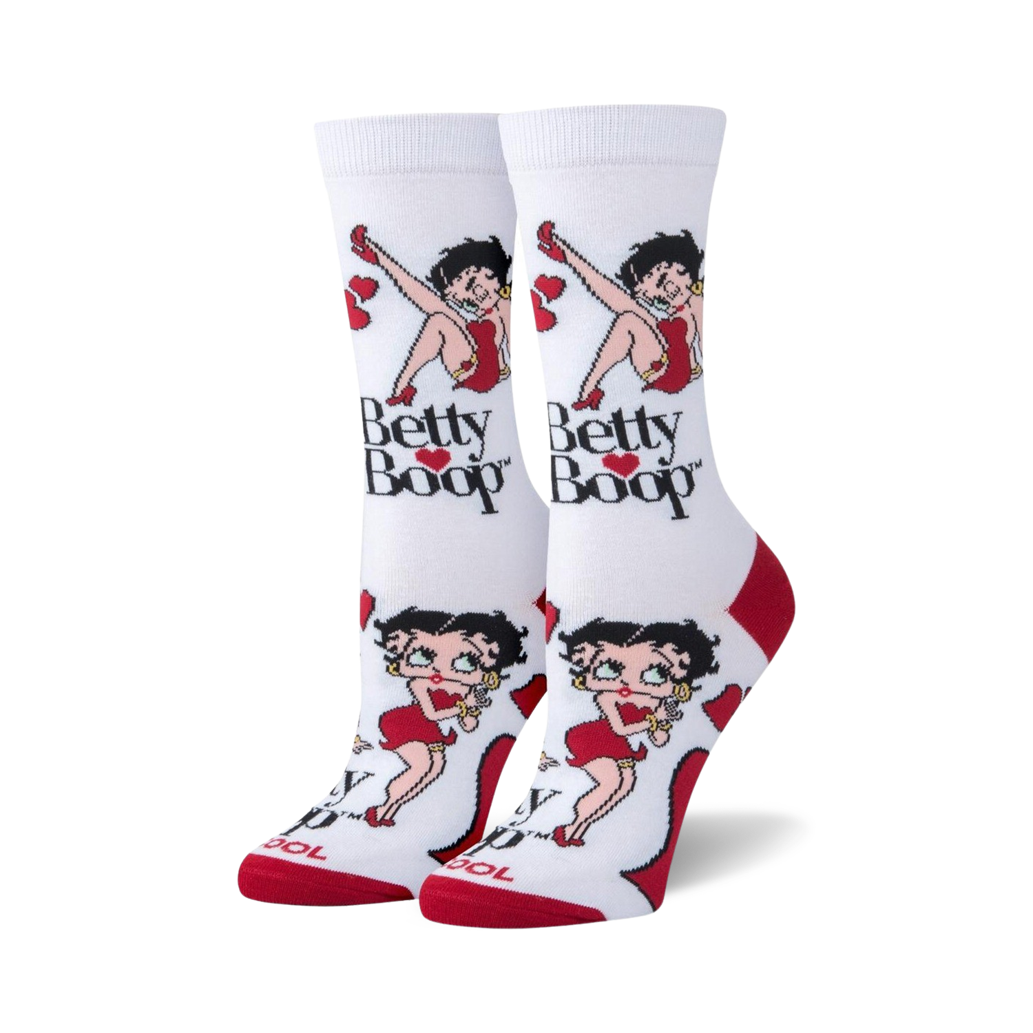 Pair of women's crew socks. White background with red accents. Betty Boop images and 'Betty Boop' text are featured.