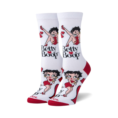 womens white crew socks with red betty boop pattern and hearts.   