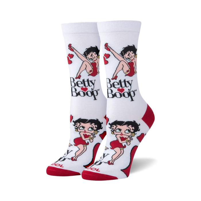 womens white crew socks with red betty boop pattern and hearts.   