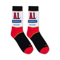 Flatlay product shot of a pair of A1 Steak Sauce crew socks on a white background.