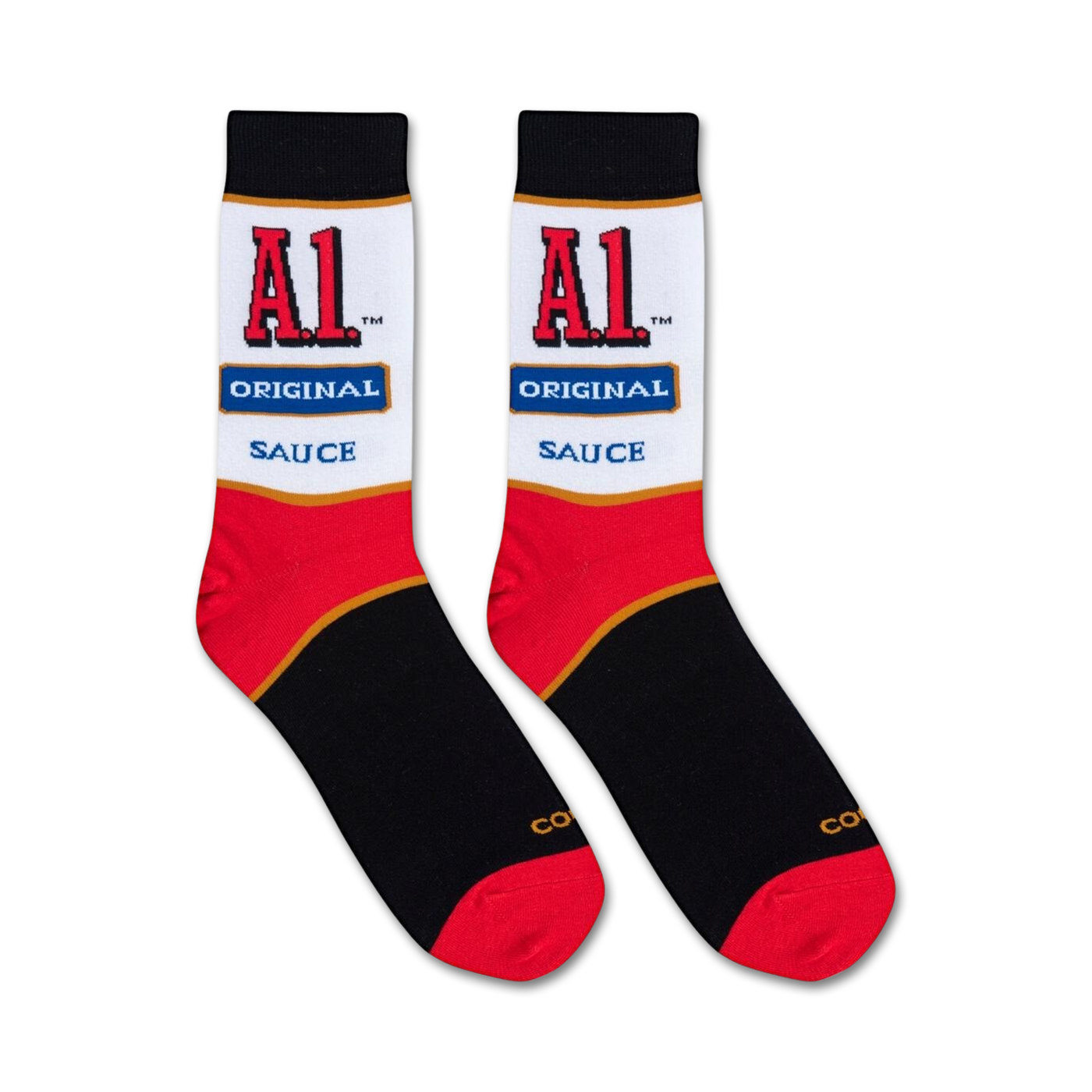 Flatlay product shot of a pair of A1 Steak Sauce crew socks on a white background.