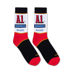 Flatlay product shot of a pair of A1 Steak Sauce crew socks on a white background.