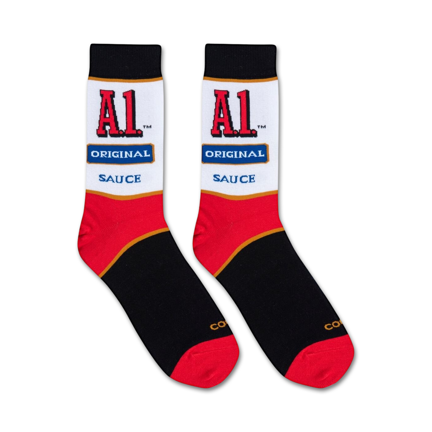 Flatlay product shot of a pair of A1 Steak Sauce crew socks on a white background.