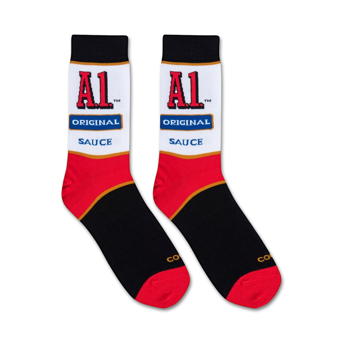 A white sock with a red and blue A1 Original Sauce logo.