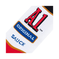 Close-up detail shot of the A1 Steak Sauce logo on a sock, showcasing the red, white, and blue colors.