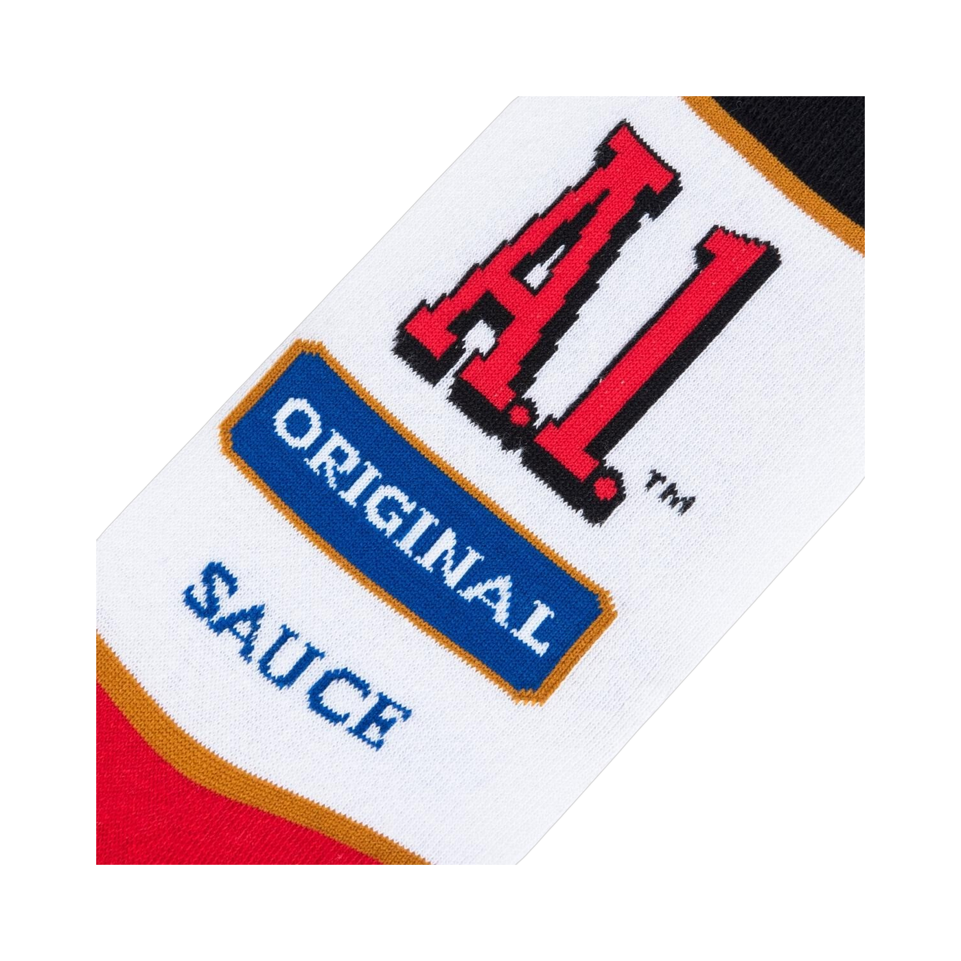 Close-up detail shot of the A1 Steak Sauce logo on a sock, showcasing the red, white, and blue colors.