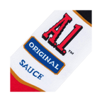 Close-up detail shot of the A1 Steak Sauce logo on a sock, showcasing the red, white, and blue colors.