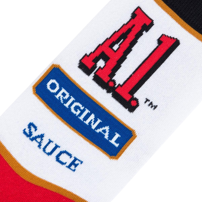 A white sock with a red and blue A1 Original Sauce logo.