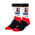 Pair of crew socks featuring the A1 Steak Sauce logo.  The socks are mainly black, white, and red, with the A1 logo prominently displayed.