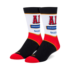 Pair of crew socks featuring the A1 Steak Sauce logo.  The socks are mainly black, white, and red, with the A1 logo prominently displayed.