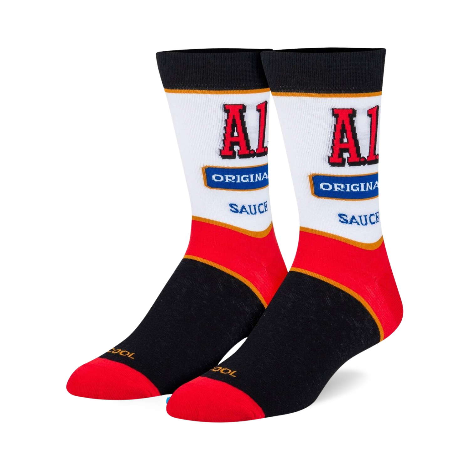 Pair of crew socks featuring the A1 Steak Sauce logo.  The socks are mainly black, white, and red, with the A1 logo prominently displayed.