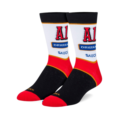 black and red crew socks with a1 steak sauce logo.   