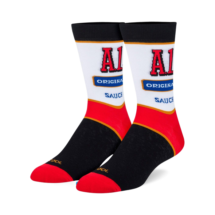 black and red crew socks with a1 steak sauce logo.   