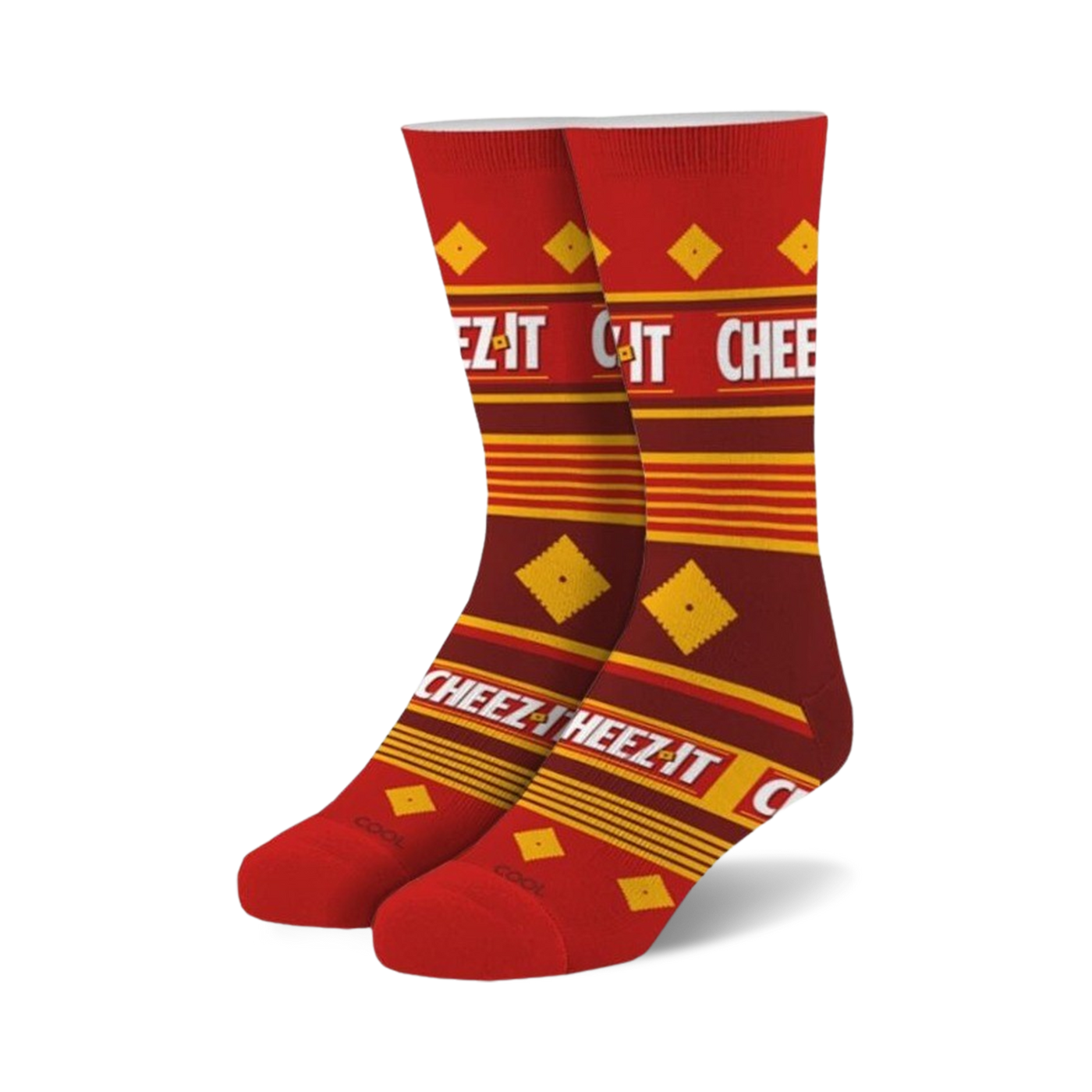 Pair of crew socks in red and gold featuring a repeating Cheez-It cracker box pattern and text.