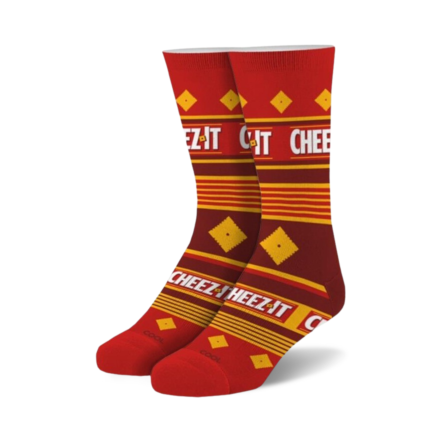 Pair of crew socks in red and gold featuring a repeating Cheez-It cracker box pattern and text.