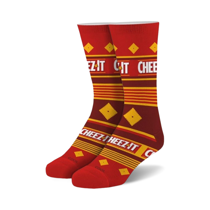 yellow and orange squares and diamond pattern socks inspired by cheez it crackers for men and women    }}