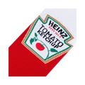 Close-up detail shot of the Heinz Tomato Ketchup label design on the sock, showcasing the intricate embroidery and color details.