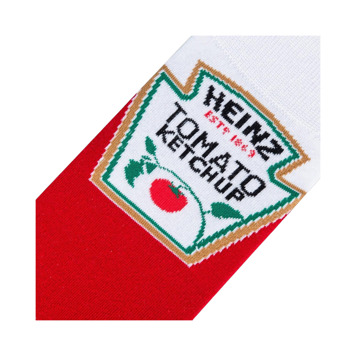 Close-up detail shot of the Heinz Tomato Ketchup label design on the sock, showcasing the intricate embroidery and color details.