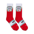 Lifestyle shot of the Heinz Ketchup socks on a person's feet, showcasing how the socks look when worn.