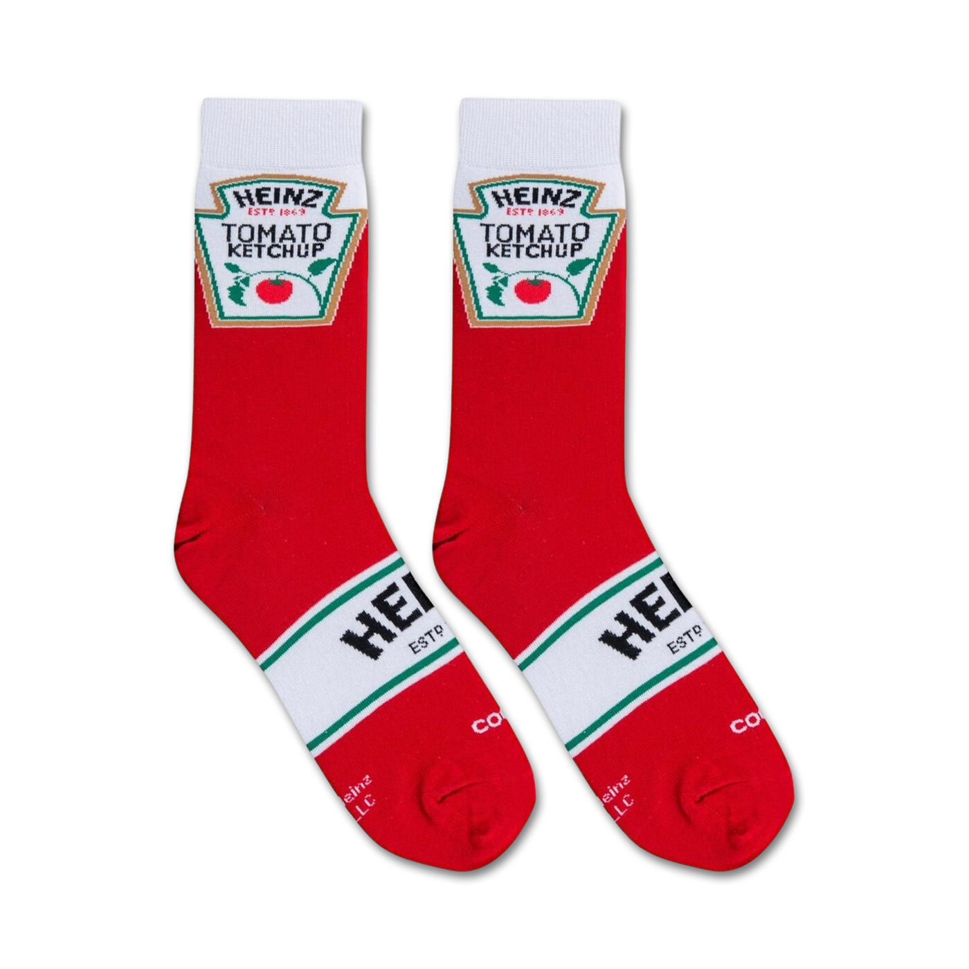 Lifestyle shot of the Heinz Ketchup socks on a person's feet, showcasing how the socks look when worn.