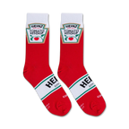 Lifestyle shot of the Heinz Ketchup socks on a person's feet, showcasing how the socks look when worn.