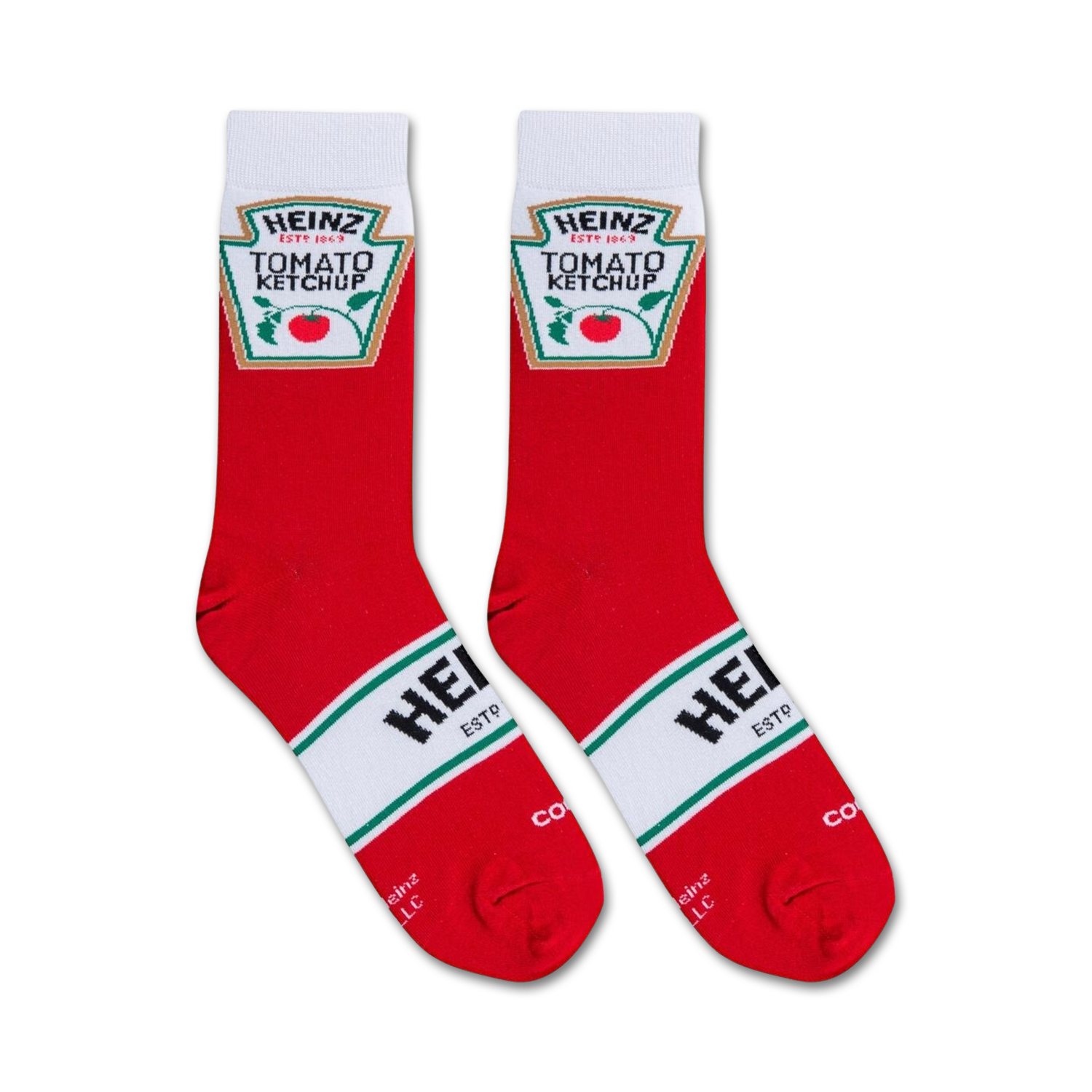 Lifestyle shot of the Heinz Ketchup socks on a person's feet, showcasing how the socks look when worn.