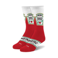 Pair of red and white crew socks featuring the Heinz Tomato Ketchup label design.  The socks are predominantly red with white accents and detailed ketchup bottle graphics.