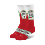 Pair of red and white crew socks featuring the Heinz Tomato Ketchup label design.  The socks are predominantly red with white accents and detailed ketchup bottle graphics.