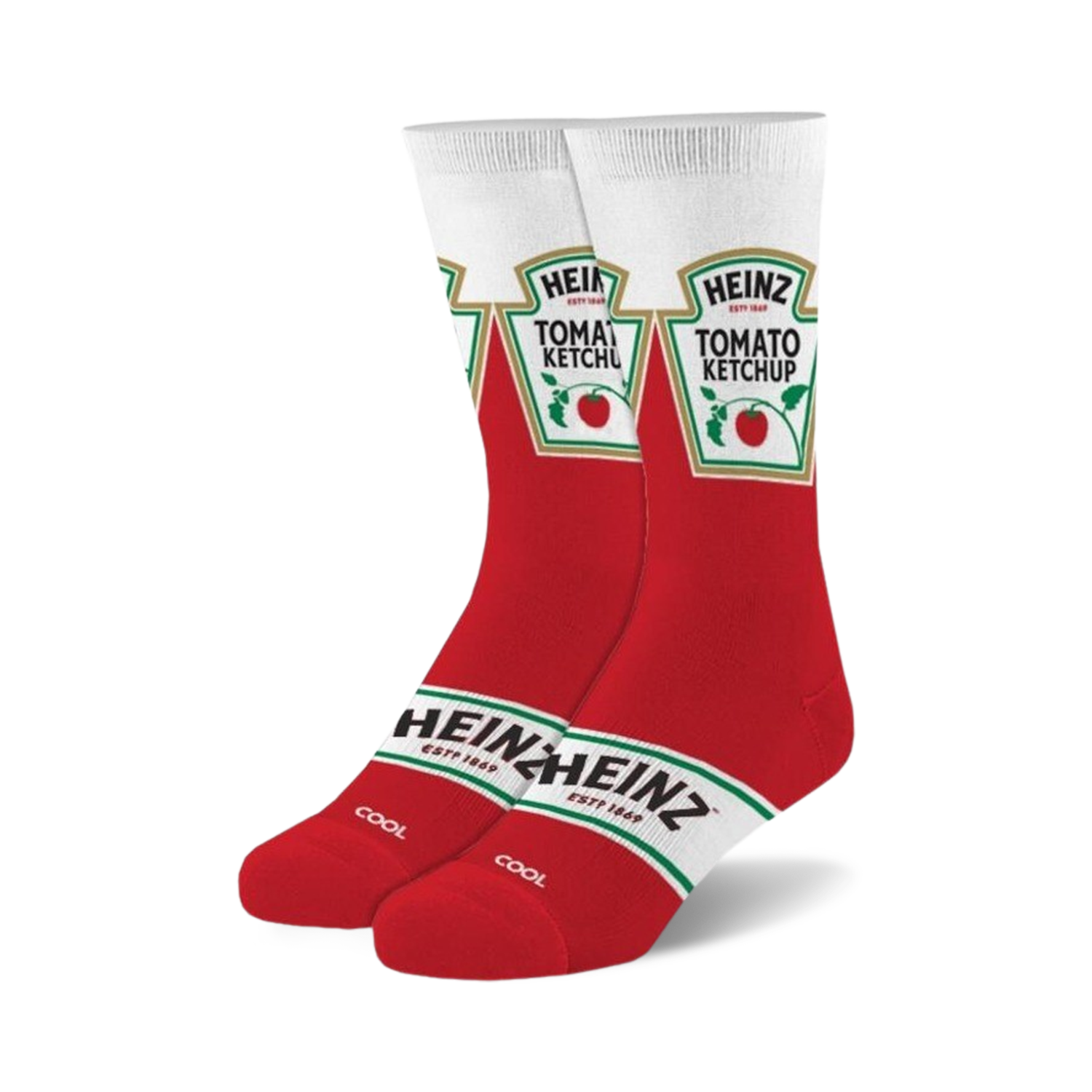 Pair of red and white crew socks featuring the Heinz Tomato Ketchup label design.  The socks are predominantly red with white accents and detailed ketchup bottle graphics.