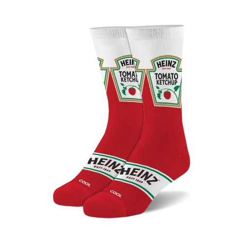 Pair of red and white crew socks featuring the Heinz Tomato Ketchup label design.  The socks are predominantly red with white accents and detailed ketchup bottle graphics.