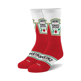 red and white crew socks with heinz ketchup bottle pattern. for men and women.   